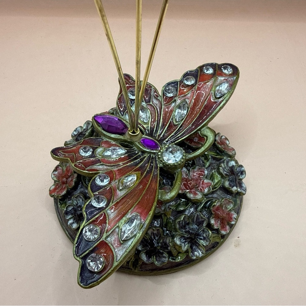 Enamel & Floral Rhinestone Butterfly 3-prong Photo Place Card Photo Holder Heavy